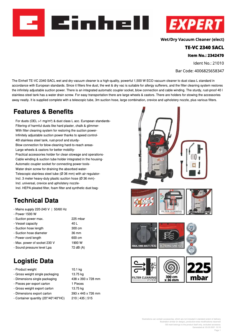 Page n°1 - Fiche technique Einhell TE-VC 2340 SACL