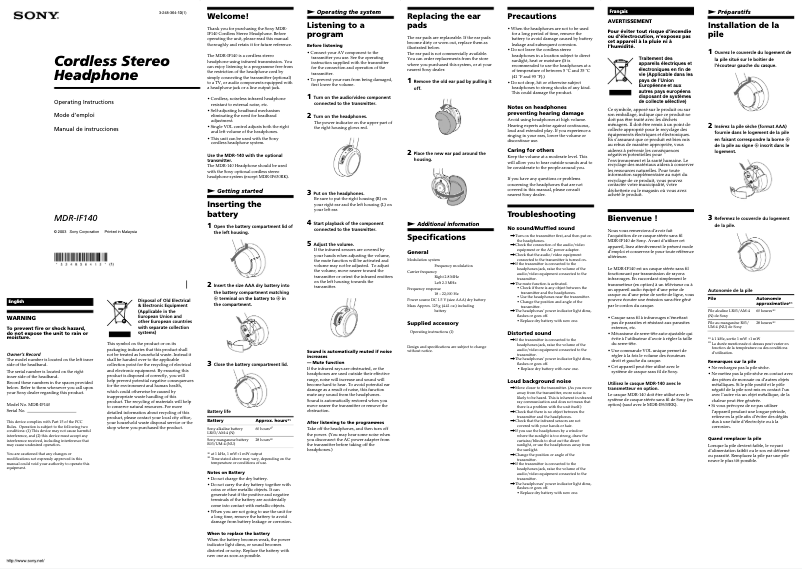 Page 1 de la notice Manuel utilisateur Sony MDR-IF140