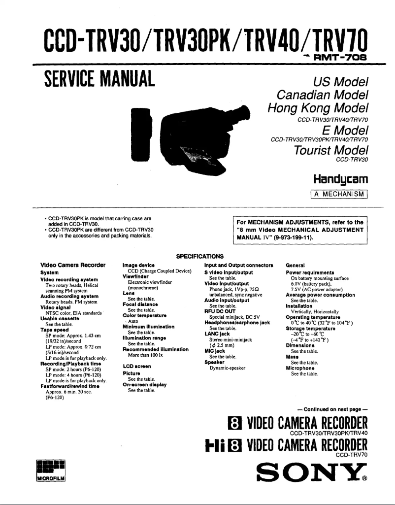 Page n°1 - Manuel utilisateur Sony CCD-TRV30PK