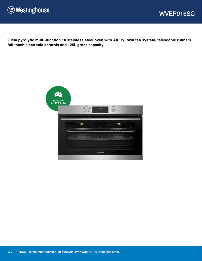 Page 1 de la notice Fiche technique Westinghouse WVEP916SC