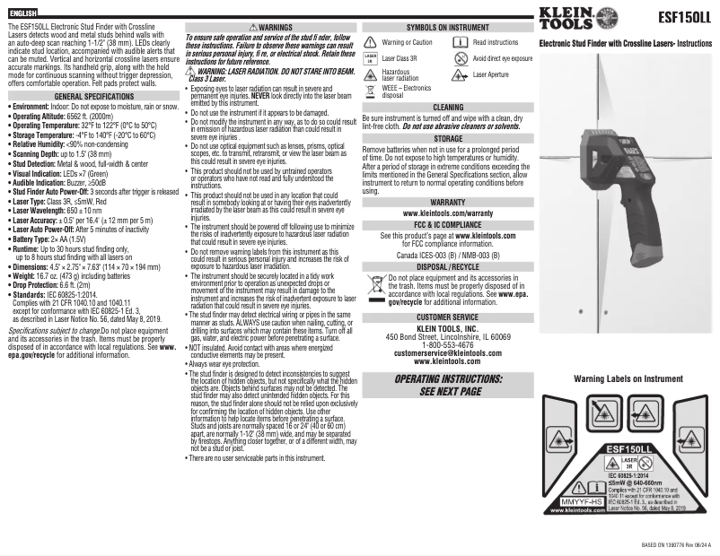 Page 1 de la notice Manuel utilisateur Klein Tools ESF150LL