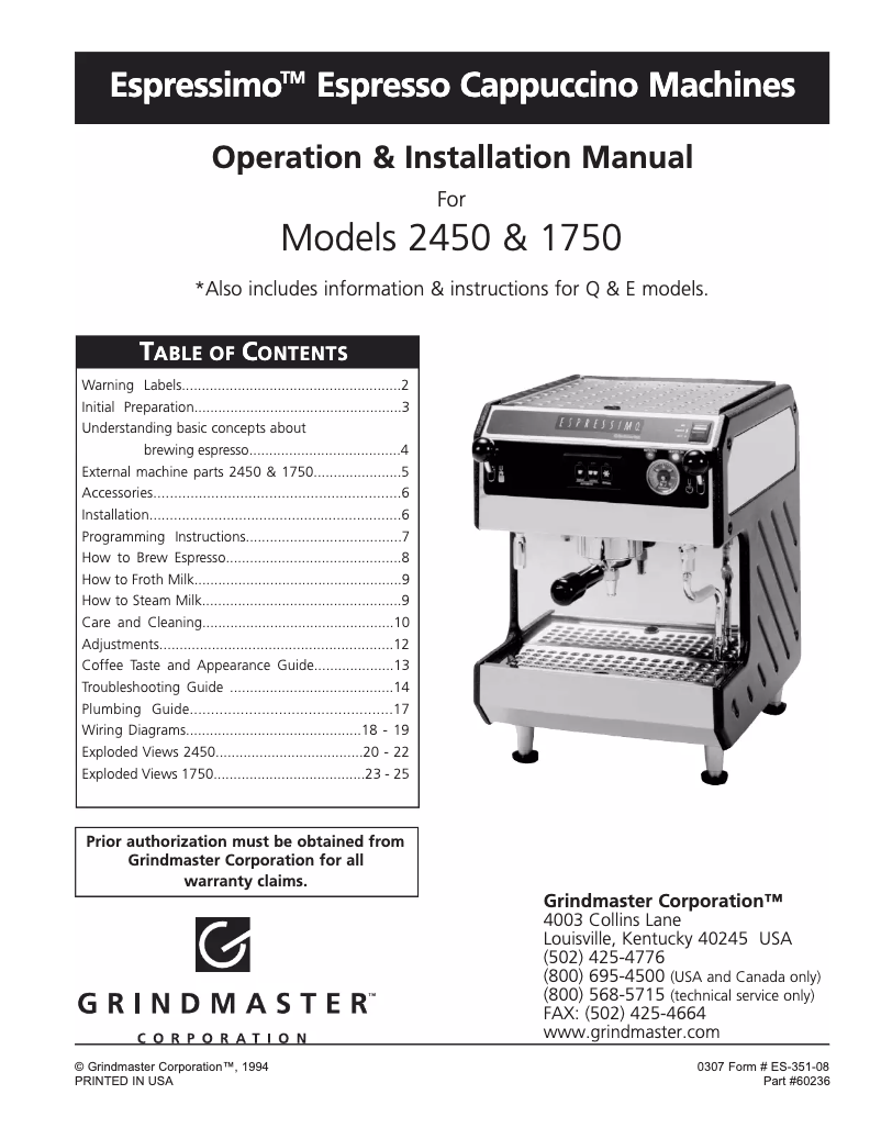 Page 1 de la notice Manuel utilisateur Grindmaster Espressimo 2450