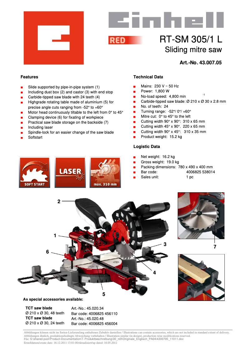 Page n°1 - Manuel utilisateur Einhell RT-SM 305/1 L
