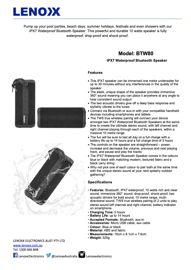 Page 1 de la notice Fiche technique Lenoxx BTW80