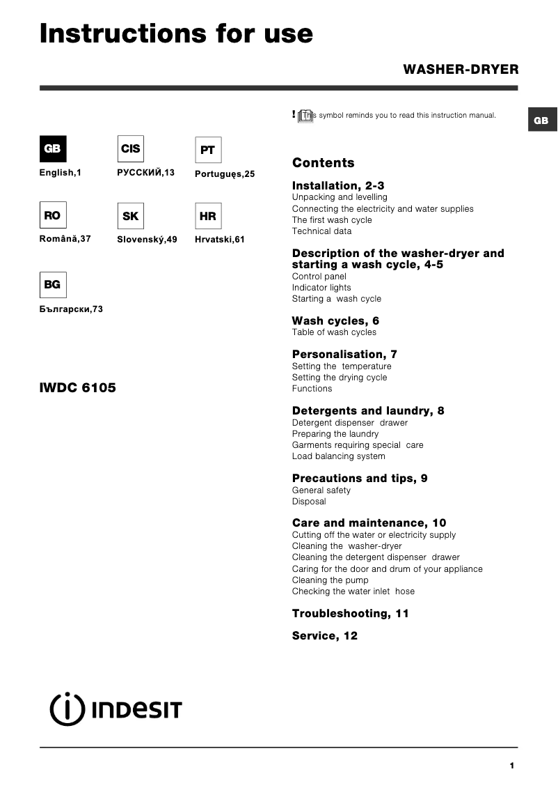 Page n°1 - Manuel utilisateur Indesit IWDC 6105
