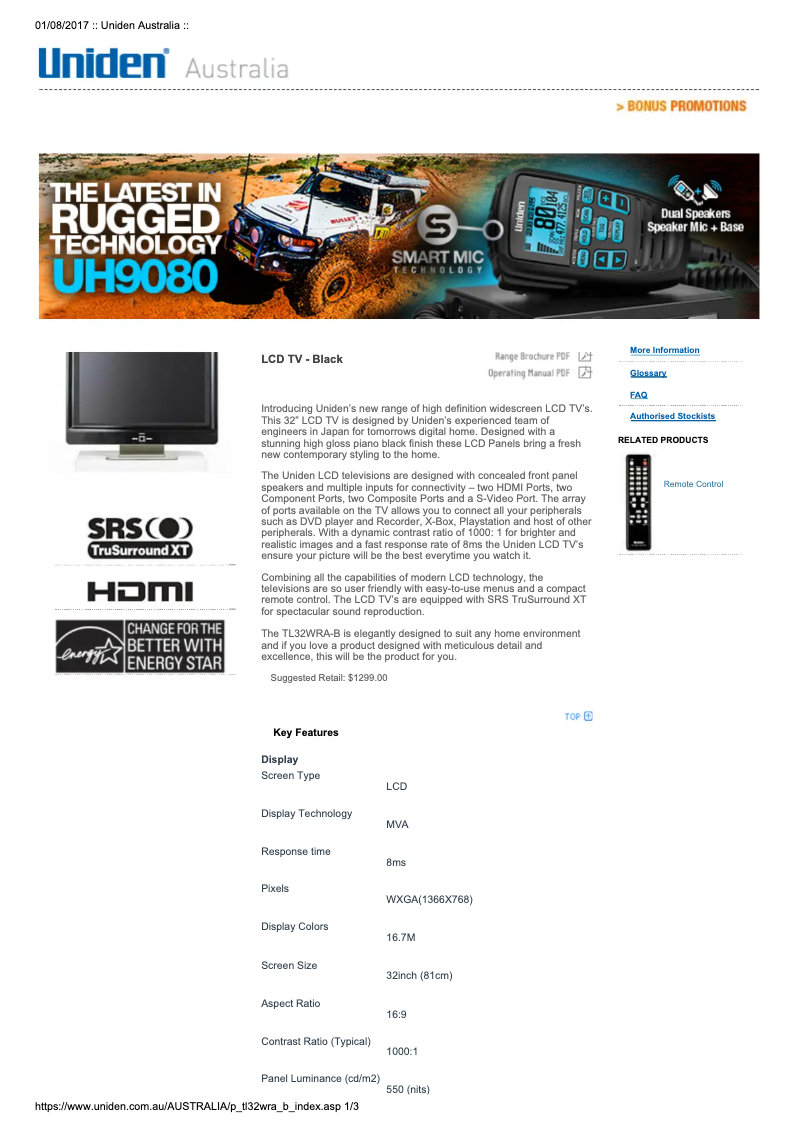 Imagen de la primera página del manual del dispositivo TL32WRA-B