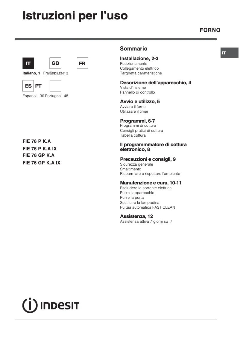 Page 1 de la notice Manuel utilisateur Indesit FIE 76 GP KA IX