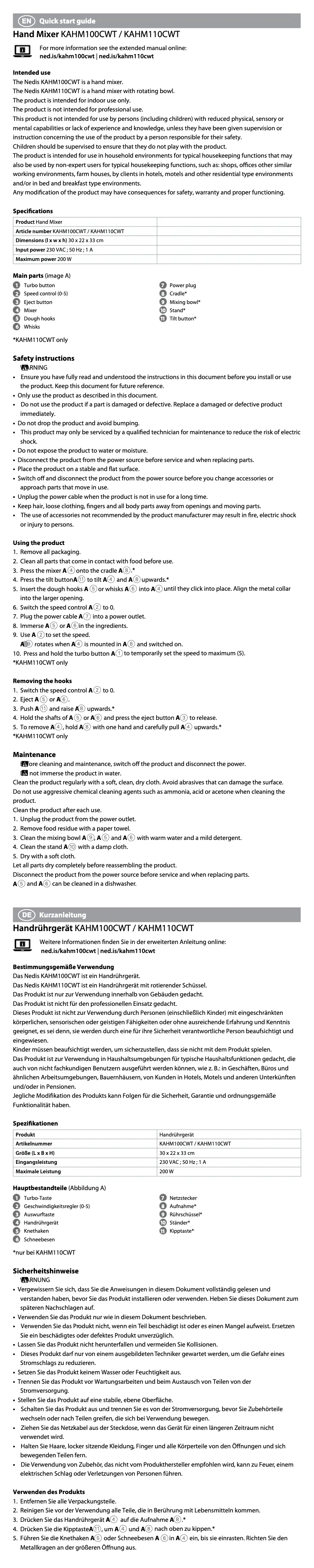 Image de la première page du manuel de l'appareil KAHM110CWT