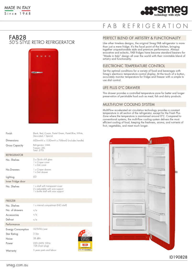 Page 1 de la notice Fiche technique Smeg FAB28RDBLV3