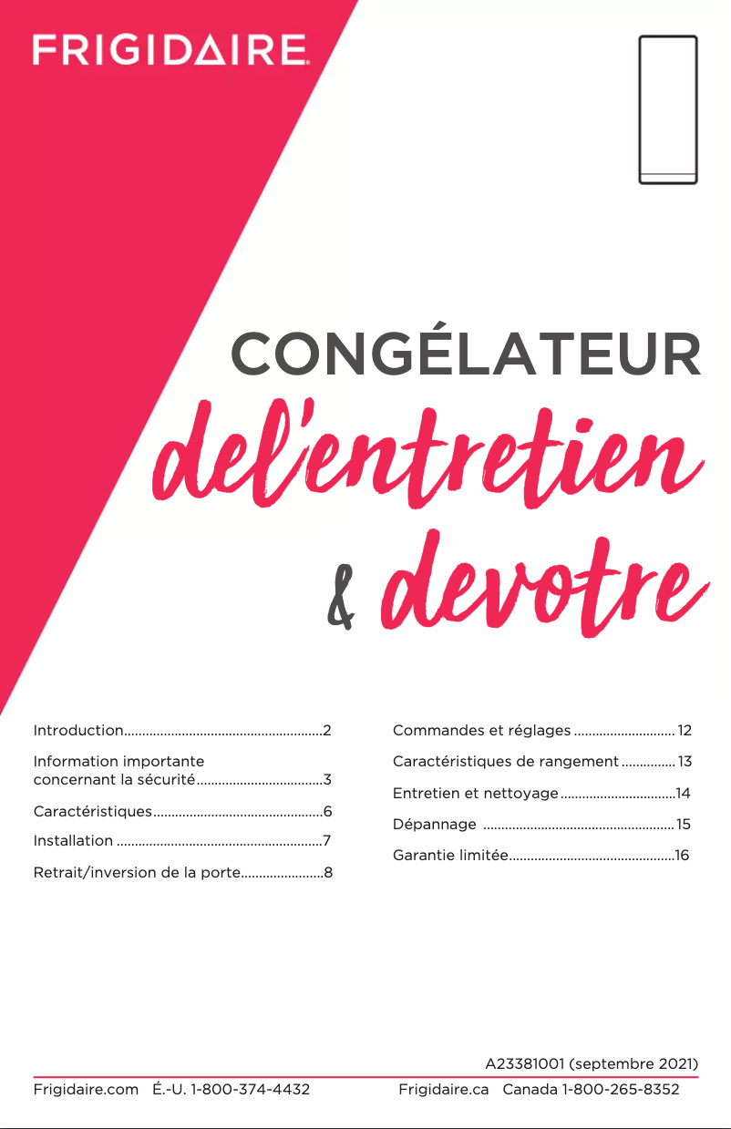 Page 1 de la notice Manuel utilisateur Frigidaire FFUF2021AW