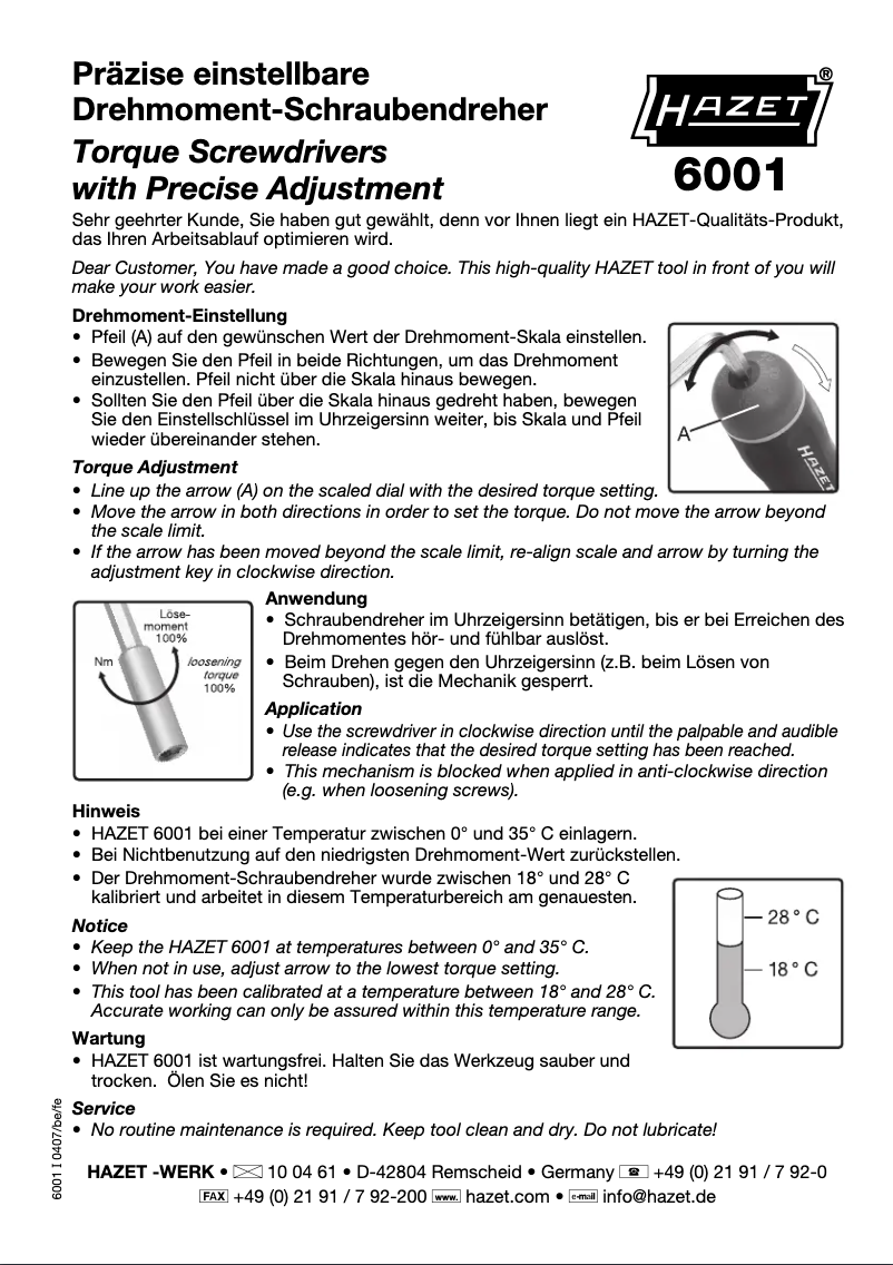 Page 1 de la notice Manuel utilisateur Hazet 6001