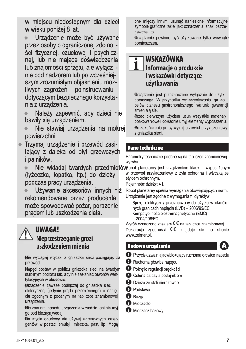 Page n°1 - Manuel utilisateur Zelmer FP1100