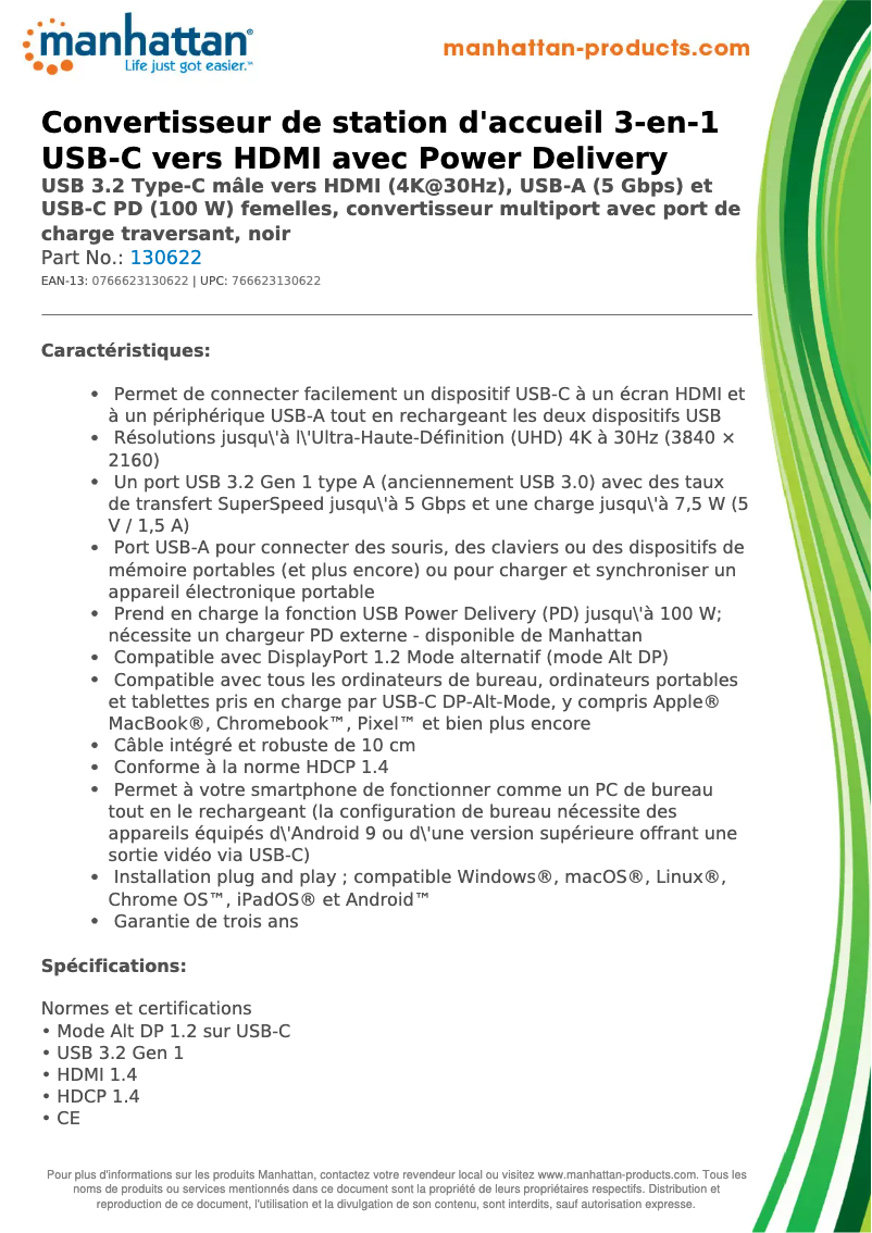 Page 1 de la notice Fiche technique Manhattan 130622