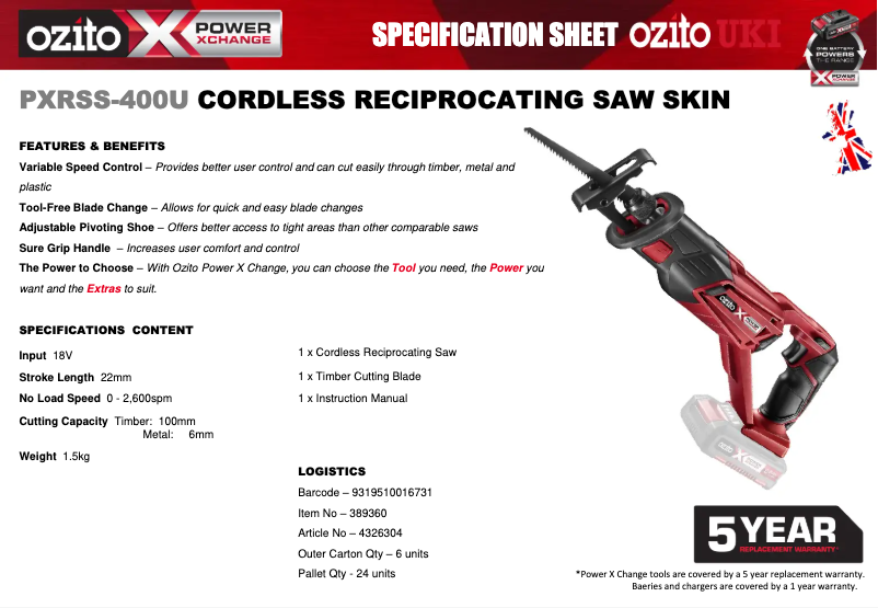 Page 1 de la notice Fiche technique Ozito PXRSS-400U