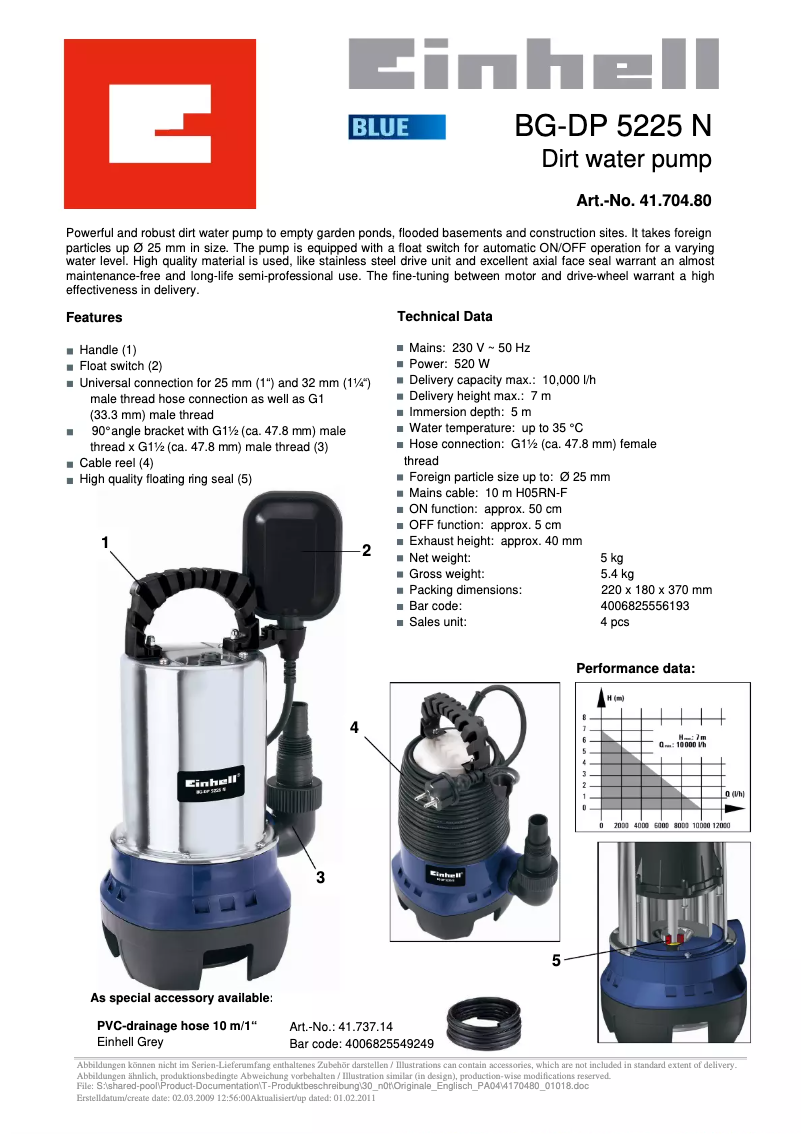 Page n°1 - Manuel utilisateur Einhell BG-DP 5225 N