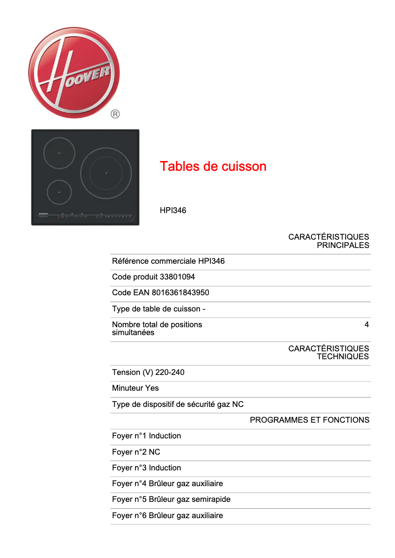 Page 1 de la notice Fiche technique Hoover HPI346