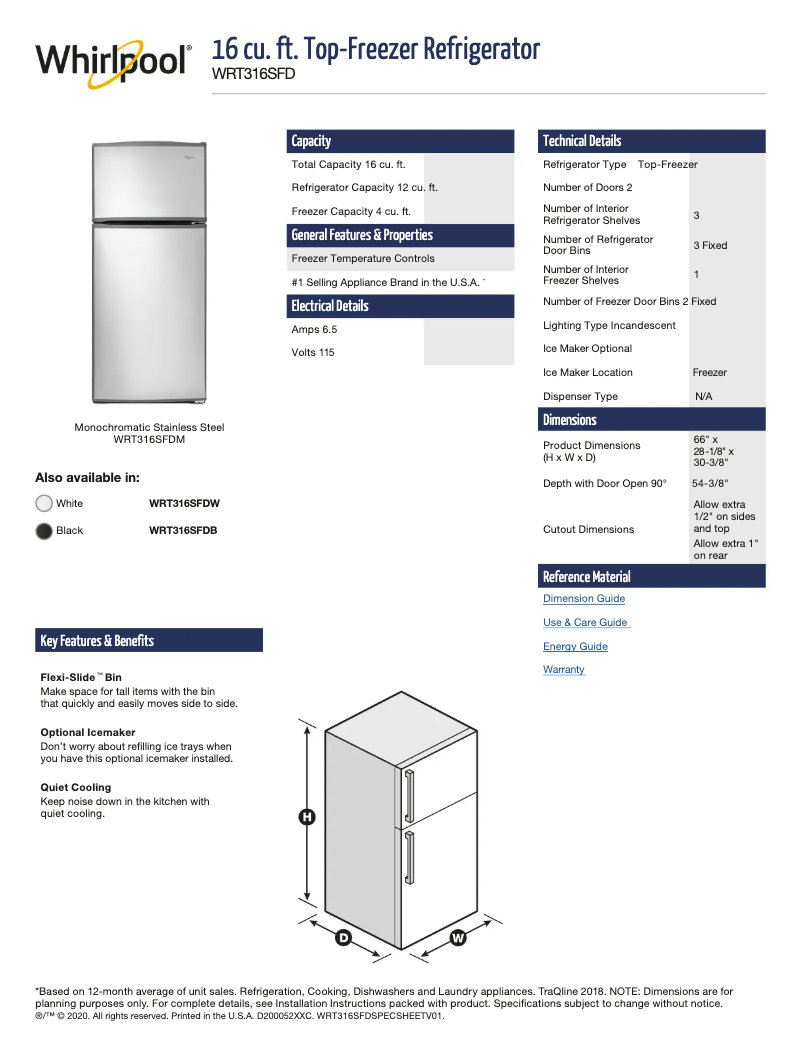 Page 1 de la notice Fiche technique Whirlpool WRT316SFDM