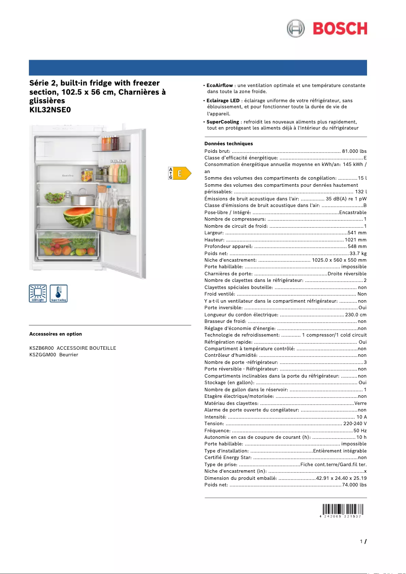 Página 1 del manual Ficha técnica Bosch KIL32NSE0