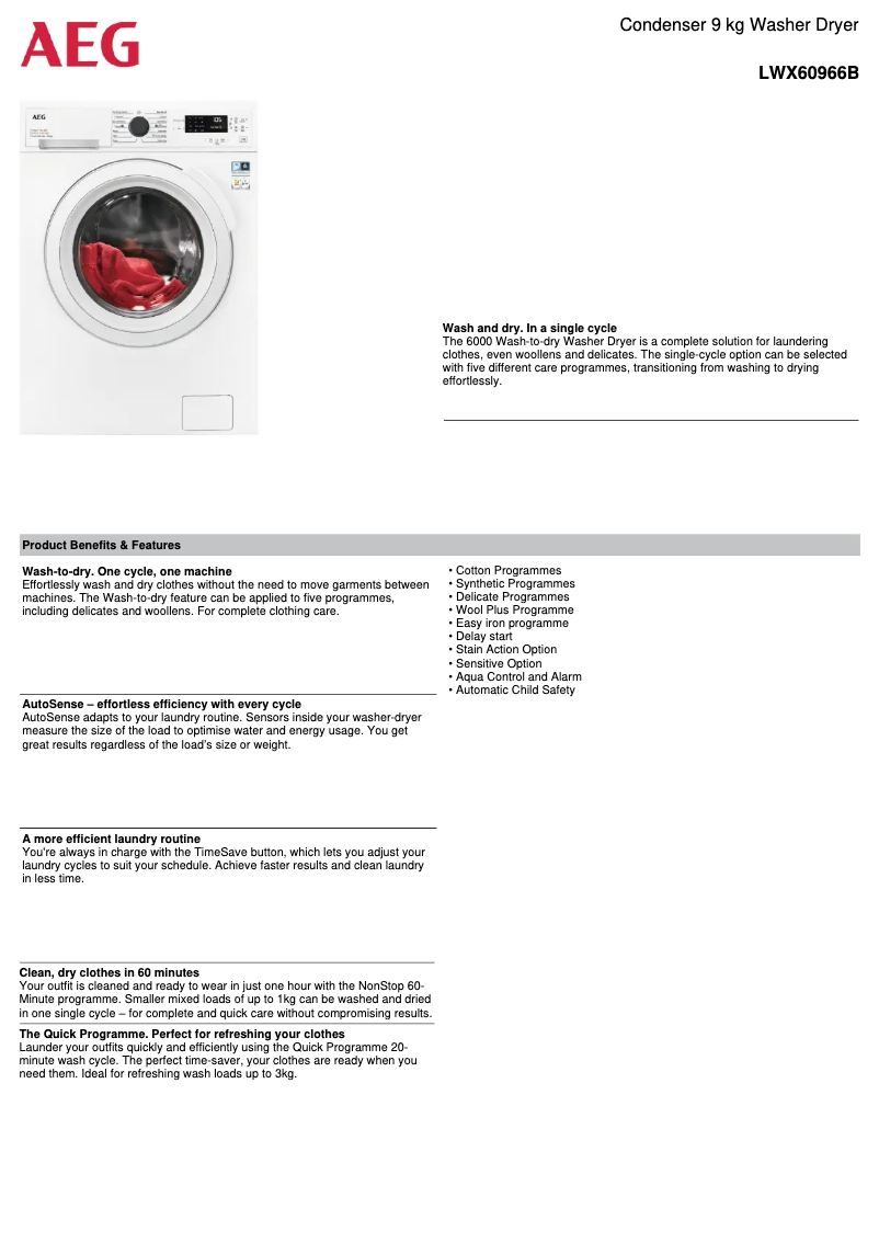 Page 1 de la notice Fiche technique AEG LWX60966B