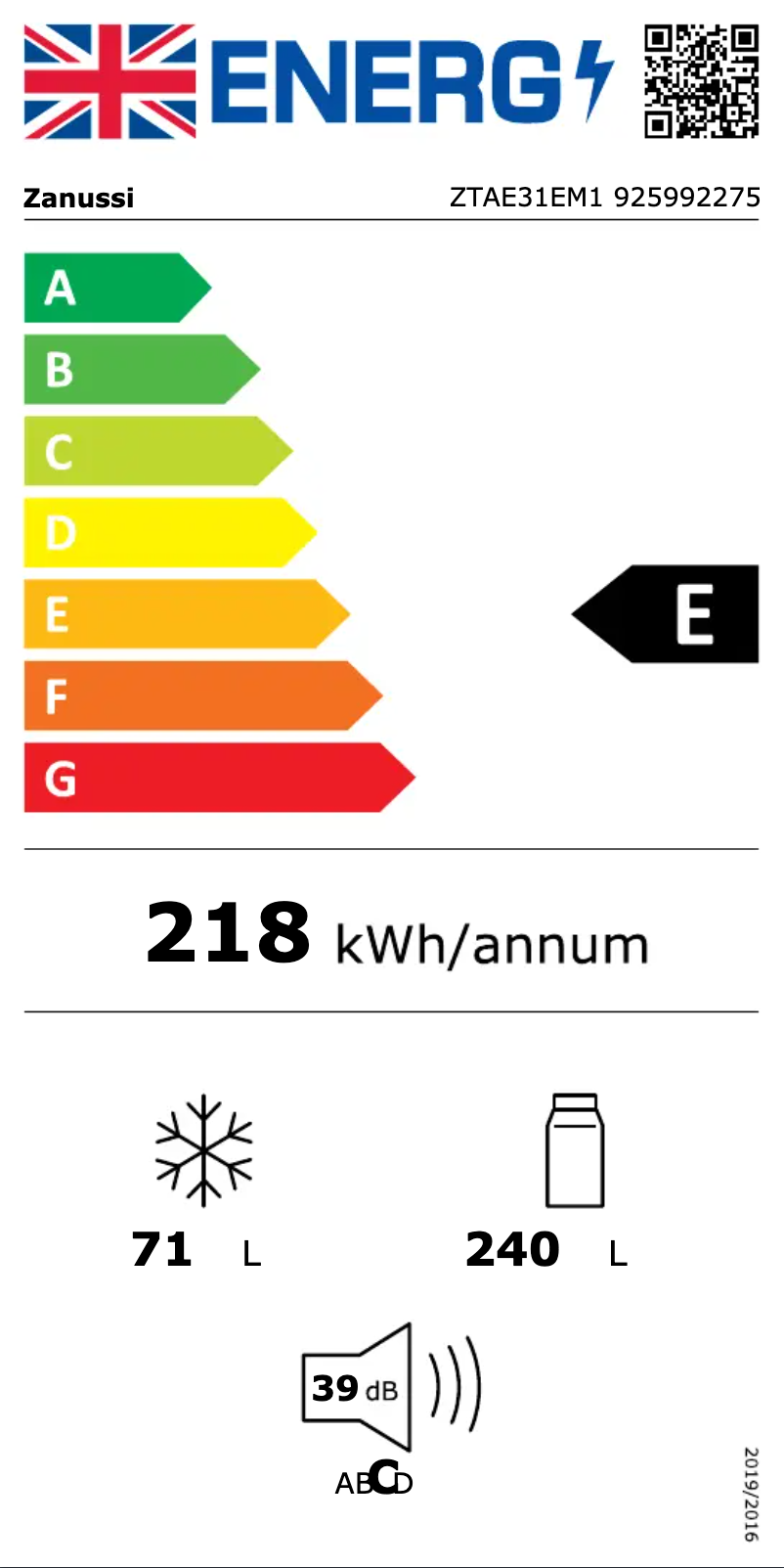 Page n°1 - Label énergétique Zanussi ZTAE31EM1