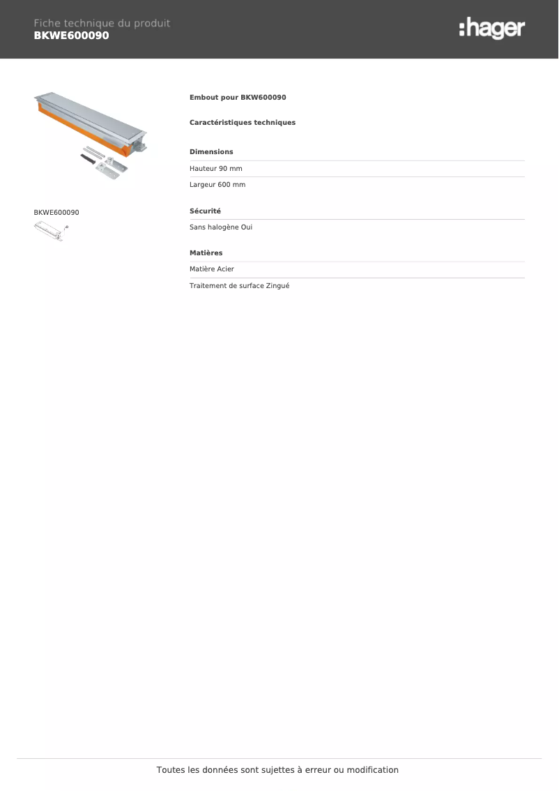 Página 1 del manual Ficha técnica Hager BKWE600090