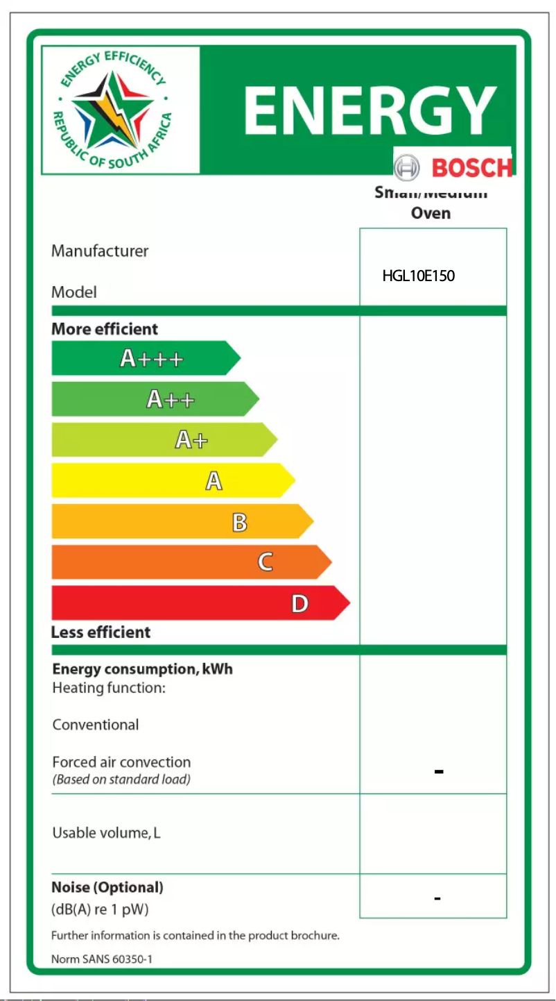 Page 1 de la notice Label énergétique Bosch HGL10E150