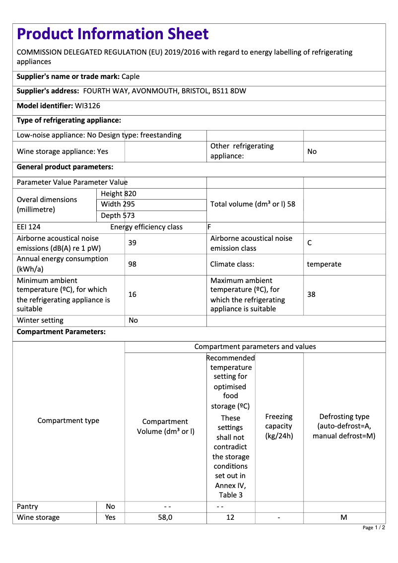 Page n°1 - Fiche technique Caple WI3126