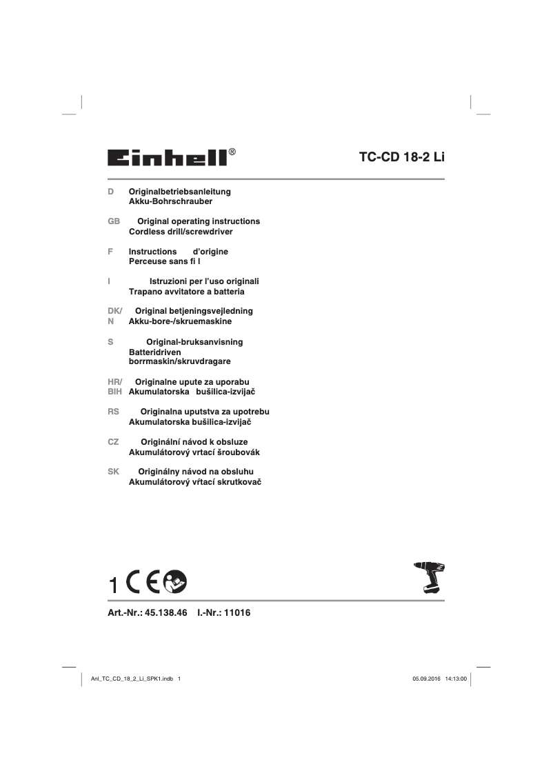 Page n°1 - Manuel utilisateur Einhell TC-CD 18-2 Li