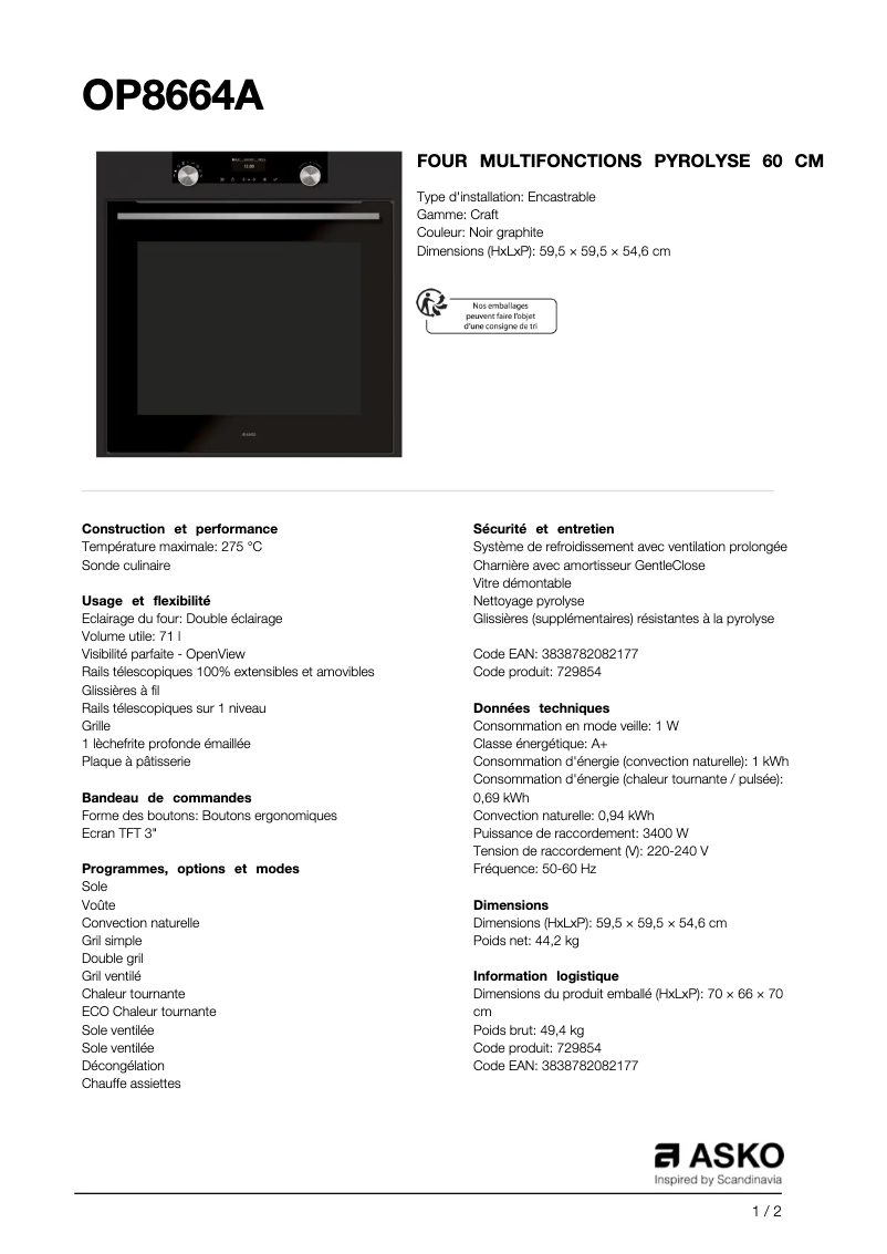 Page 1 de la notice Fiche technique Asko OP8664A