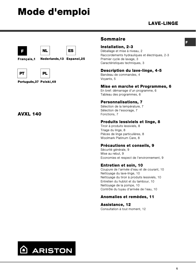 Image de la première page du manuel de l'appareil AVXL 140 EU