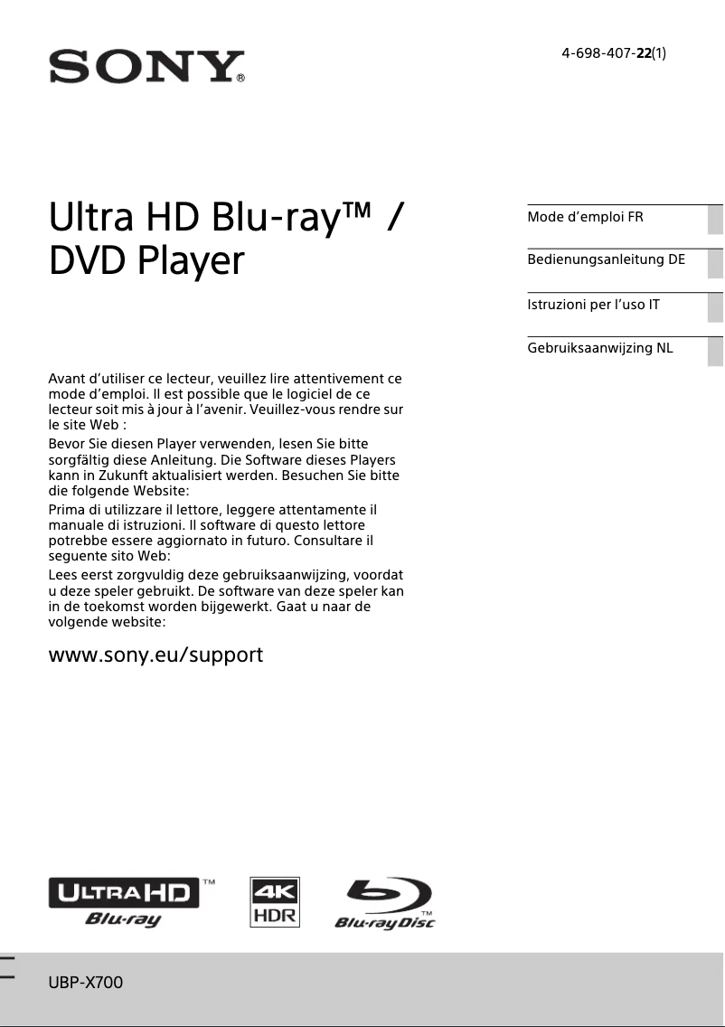 Page 1 de la notice Manuel utilisateur Sony UBP-X500B