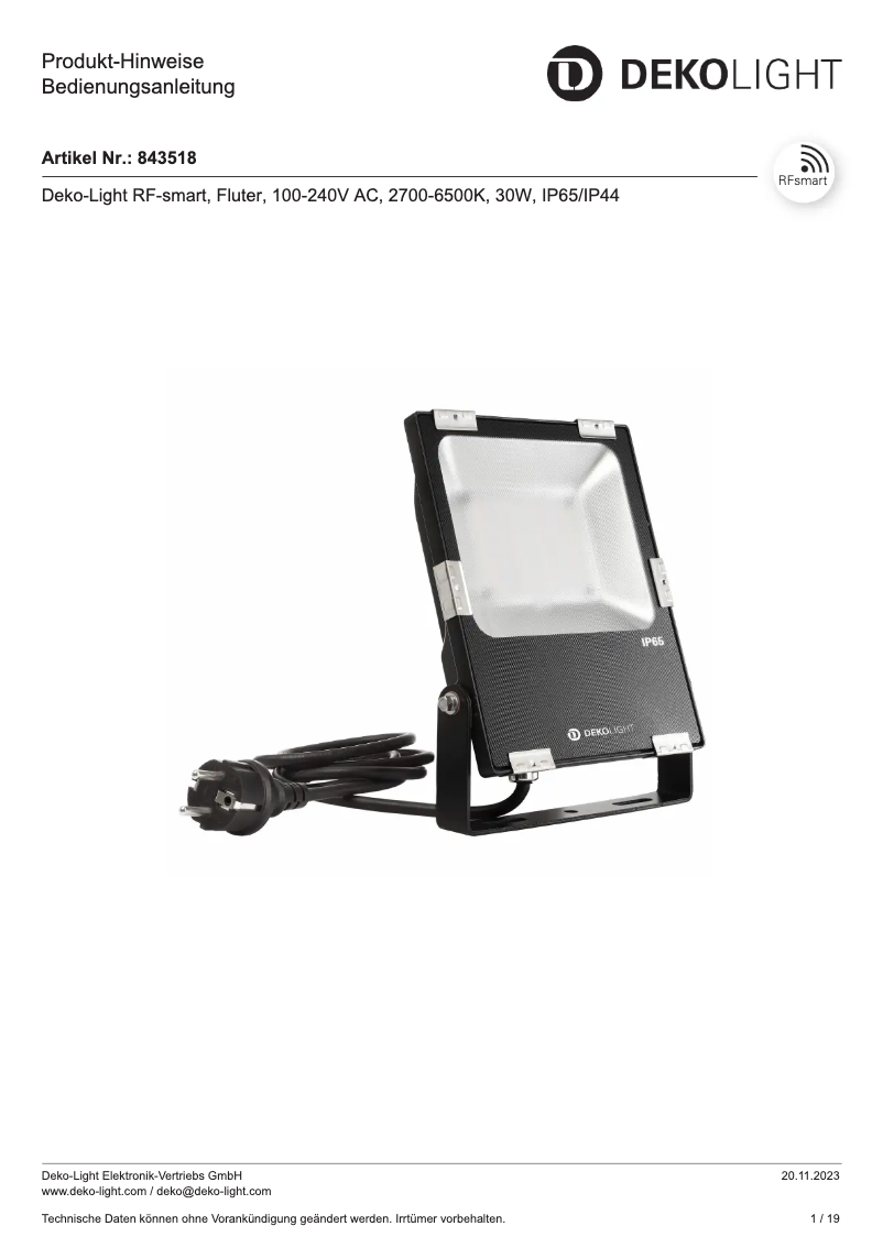 Page 1 de la notice Manuel utilisateur Deko-Light 843518