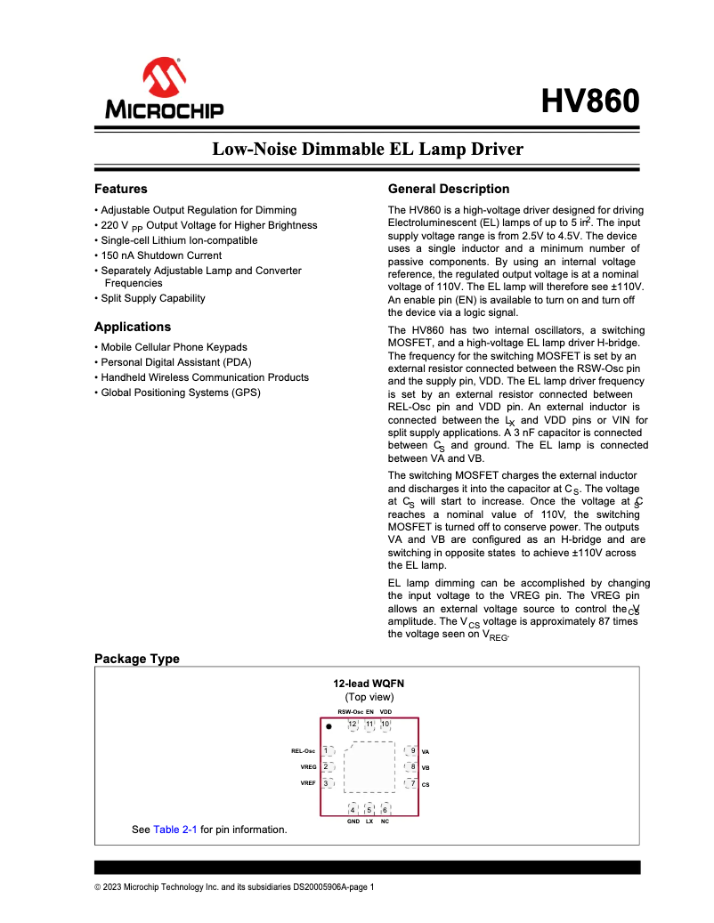 Page 1 de la notice Fiche technique Microchip HV860