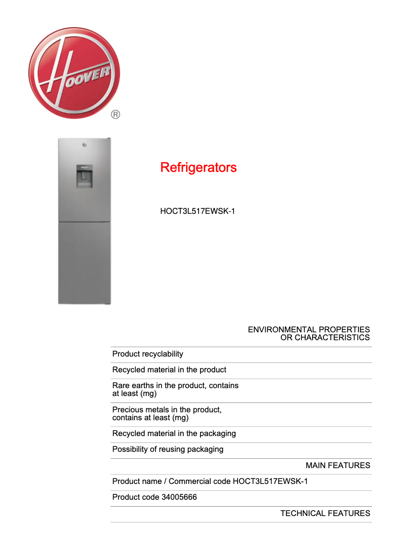 Página 1 del manual Ficha técnica Hoover HOCT3L517EWSK