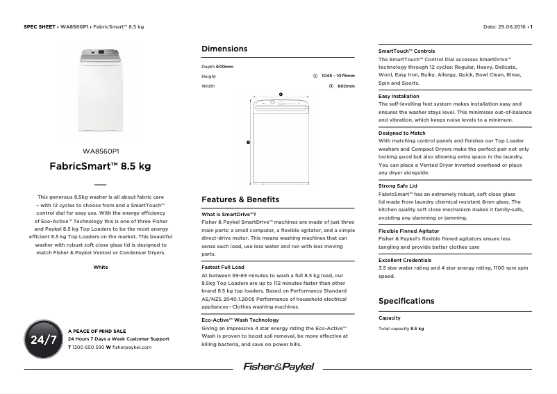 Page 1 de la notice Fiche technique Fisher & Paykel WA8560P1