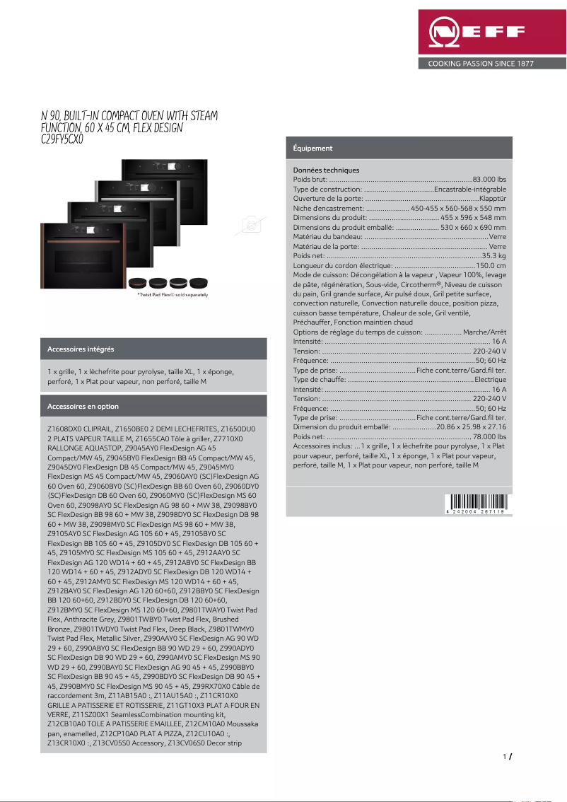 Page 1 de la notice Fiche technique Neff C29FY5CX0