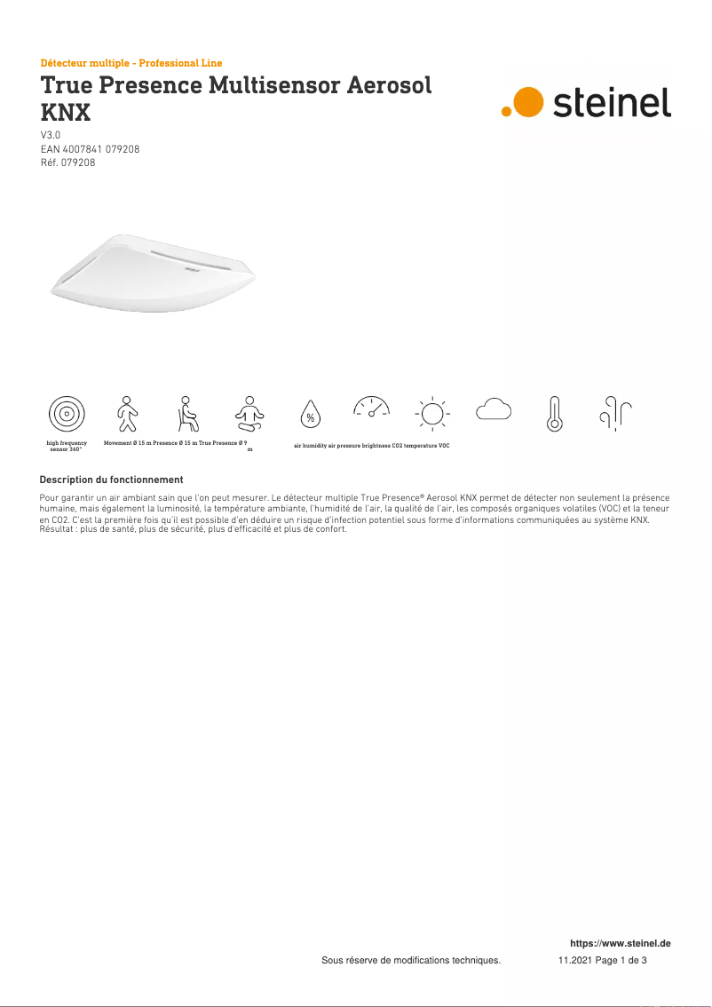 Page n°1 - Fiche technique Steinel True Presence Multisensor Aerosol KNX