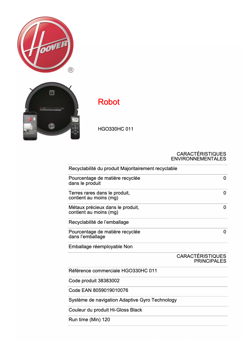 Page n°1 - Fiche technique Hoover H-GO 300 HYDRO PRO HGO330HC 011
