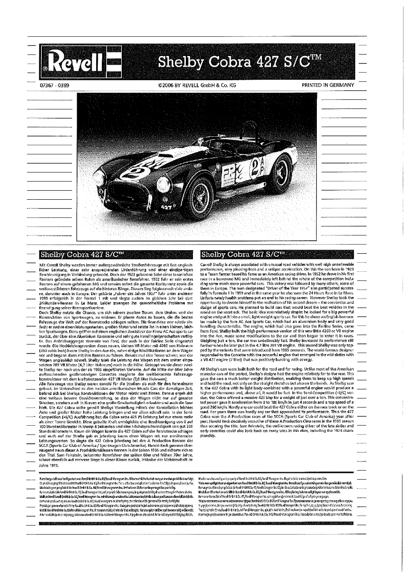 Page n°1 - Manuel utilisateur Revell Shelby Cobra 427 S/C