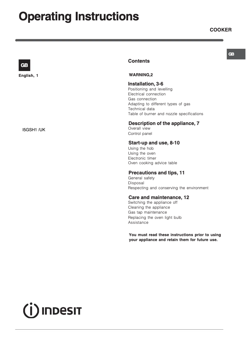 Page 1 de la notice Manuel utilisateur Indesit I5GSH1XUK