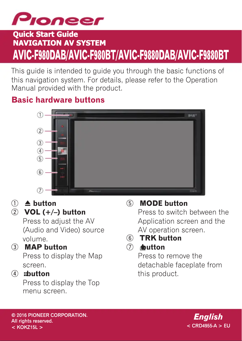 Page n°1 - Guide de démarrage rapide Pioneer AVIC-F980BT
