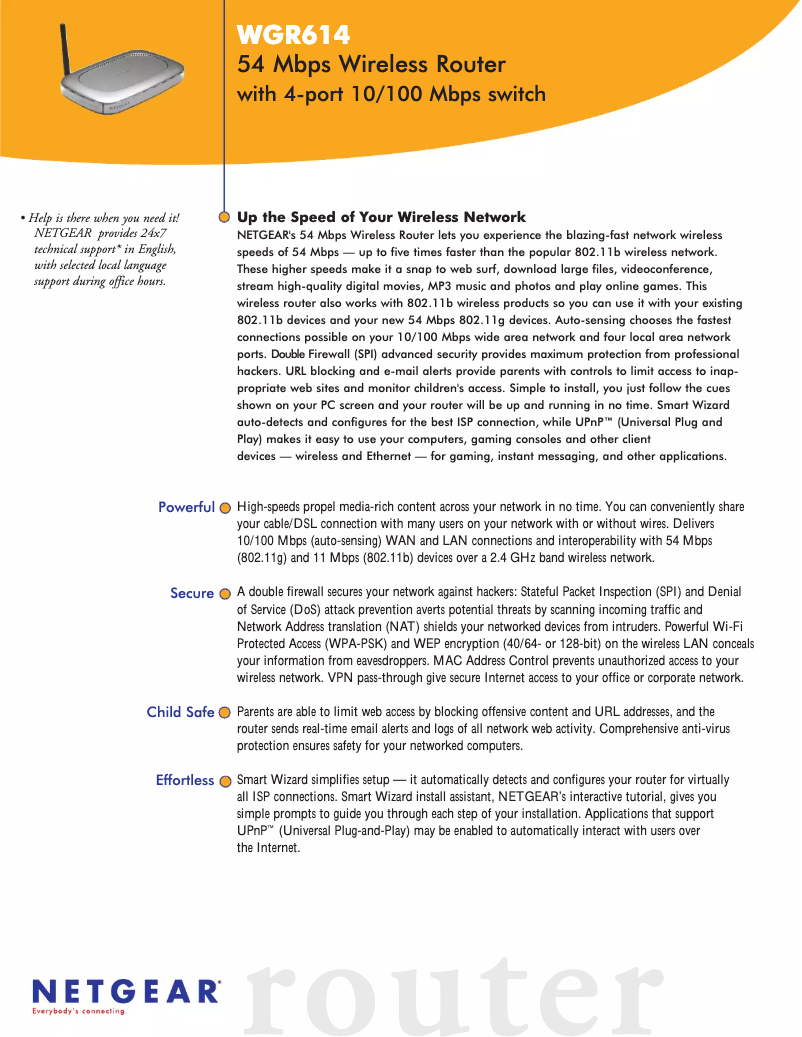 Page 1 de la notice Fiche technique Netgear WGR614v4