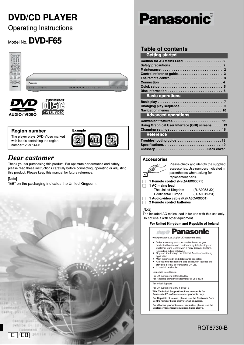 Page 1 de la notice Manuel utilisateur Panasonic DVD-F65E