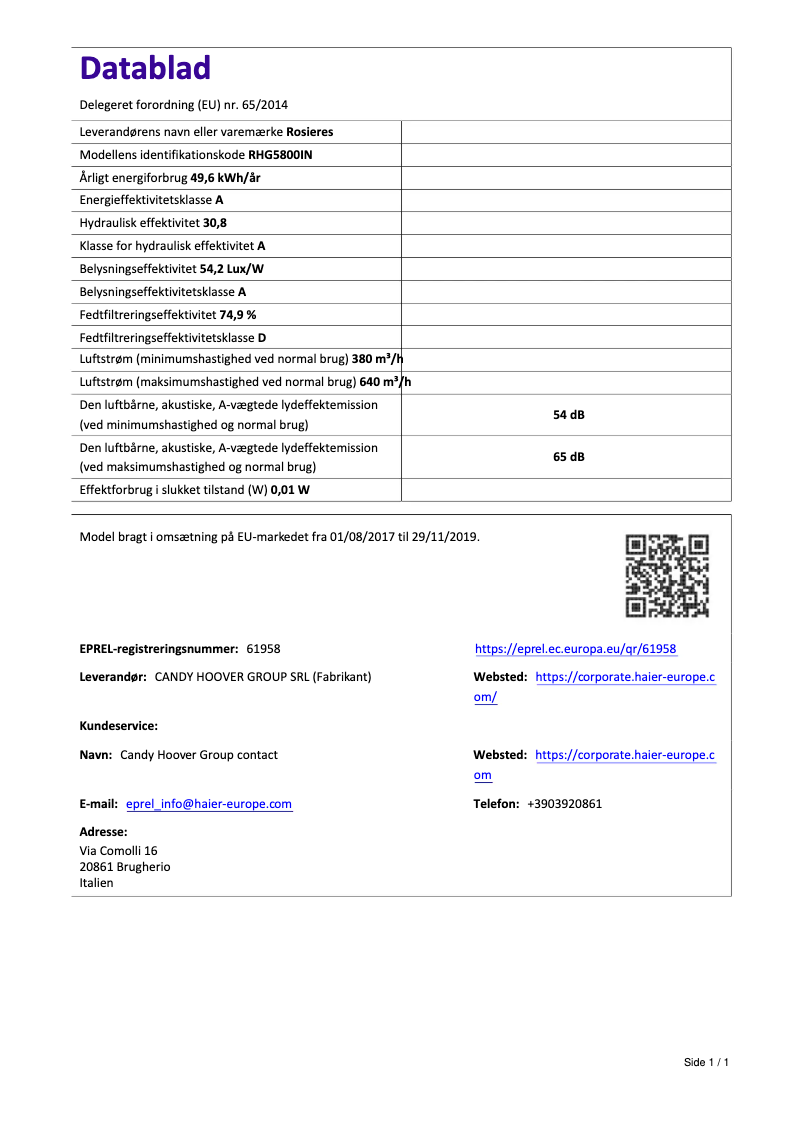 Page 1 de la notice Fiche technique Rosieres RHG 5800 IN