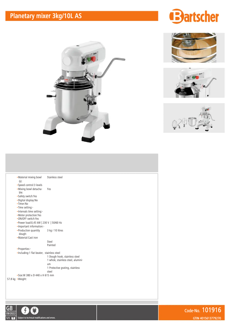 Page n°1 - Fiche technique Bartscher 101916