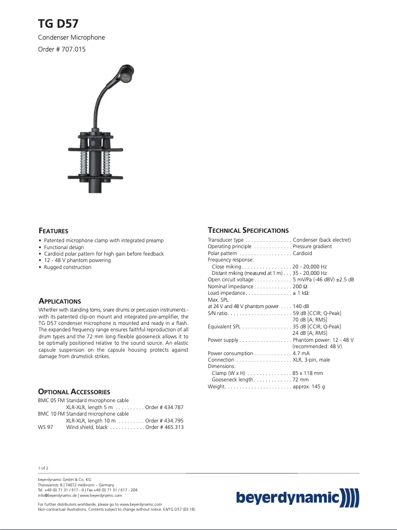 Page 1 de la notice Fiche technique Beyerdynamic TG D57