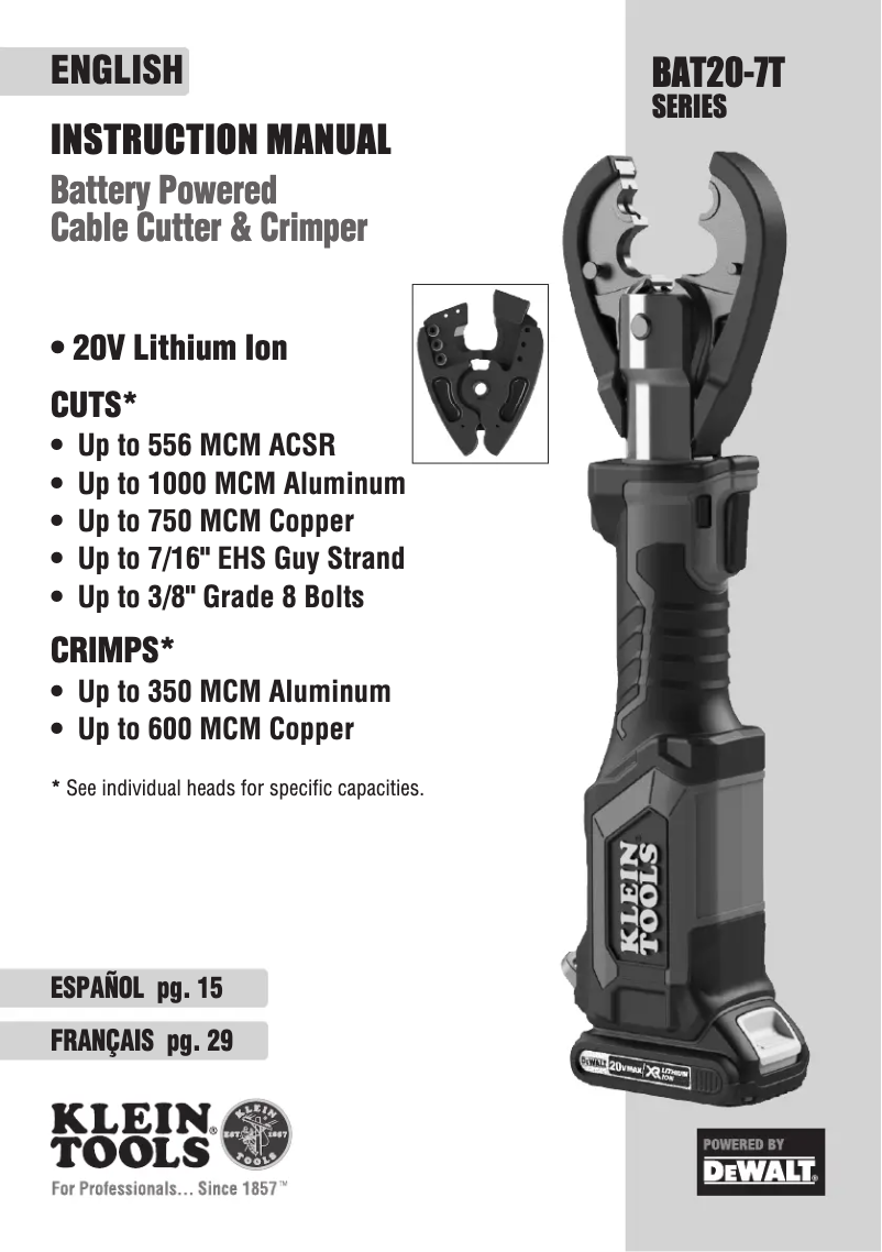 Page 1 de la notice Manuel utilisateur Klein Tools BAT20-7T14