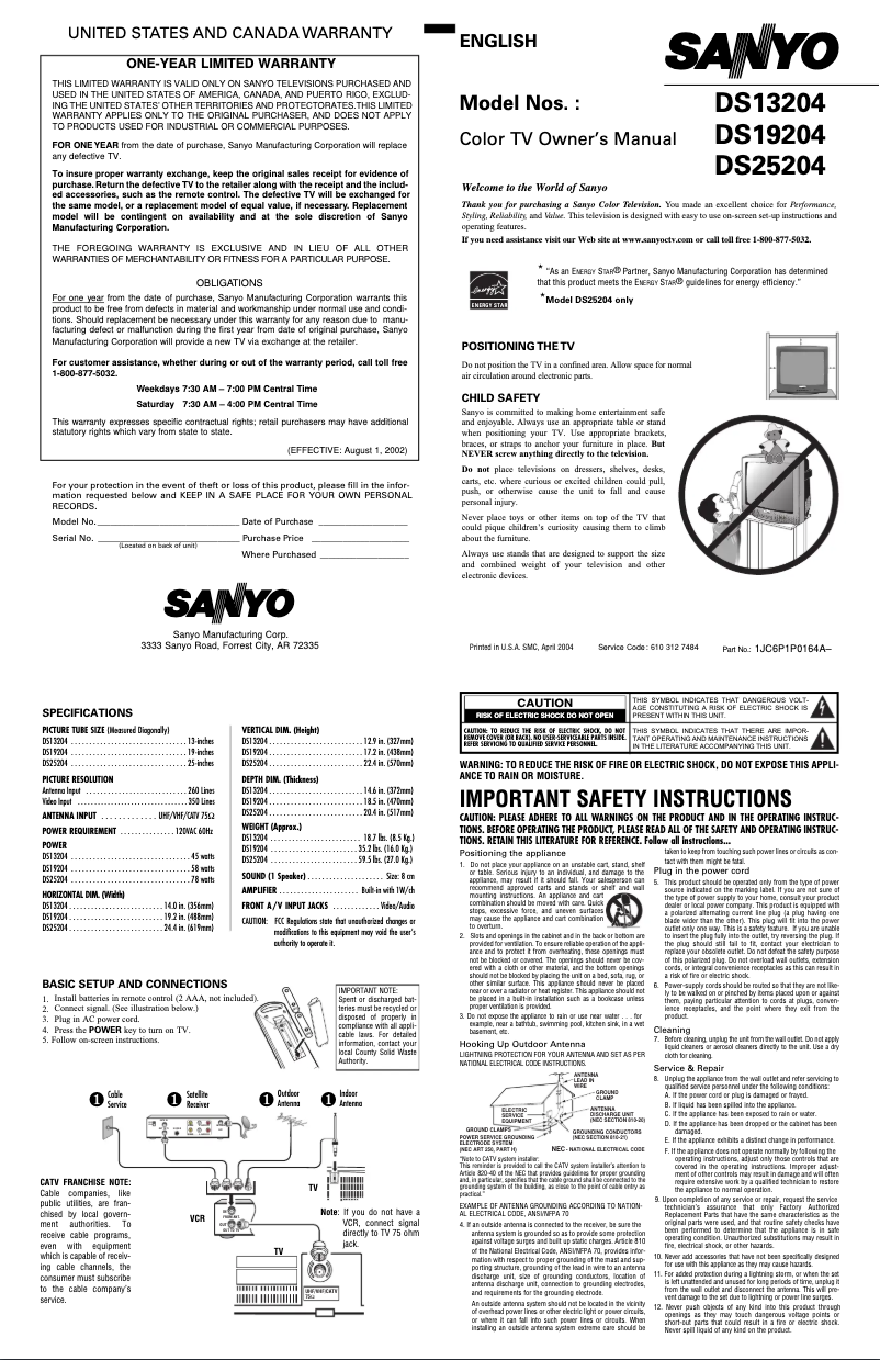 Page 1 de la notice Manuel utilisateur Sanyo DS13204