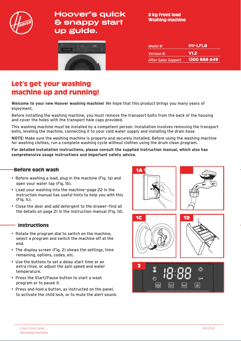 Page n°1 - Guide de démarrage rapide Hoover HV-LFL8