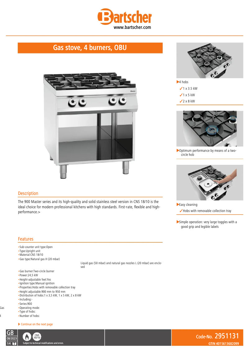 Page n°1 - Fiche technique Bartscher 2951131